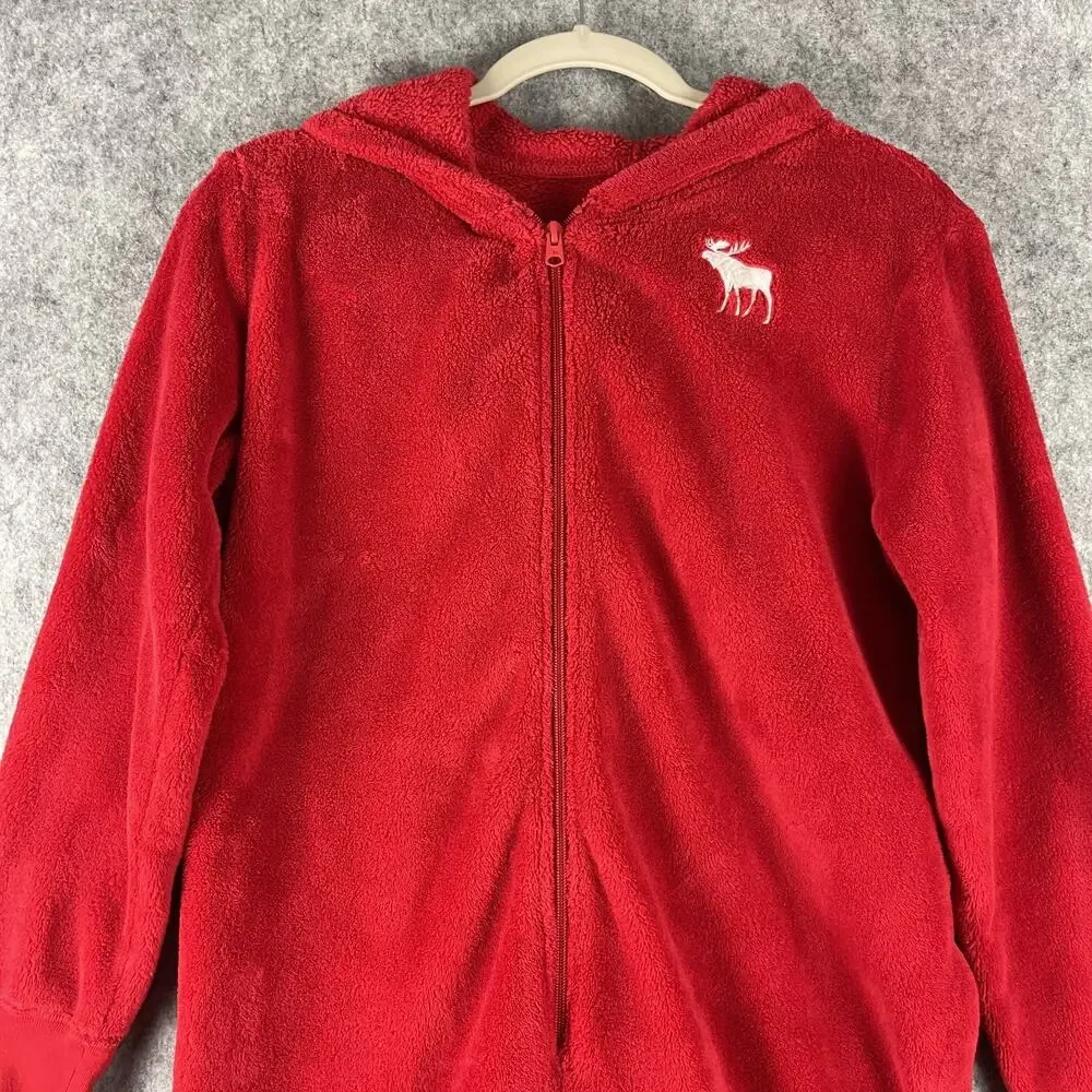 Abercrombie Fitch Kids One Piece Pajama 15/16 Red Hooded Moose‎ Cozy Christmas
